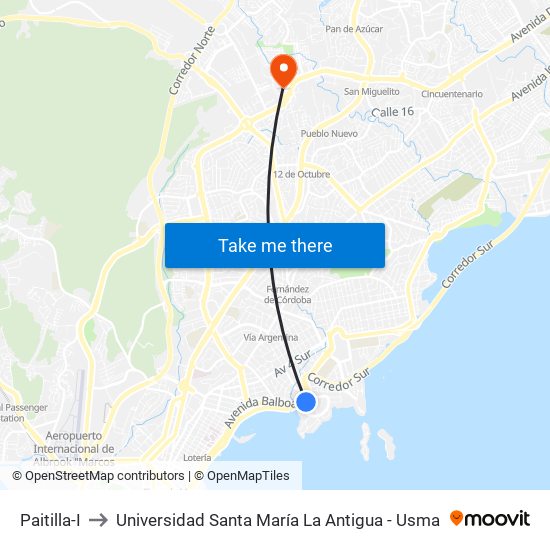 Paitilla-I to Universidad Santa María La Antigua - Usma map