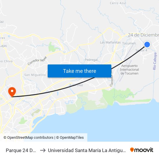 Parque 24 De Dic to Universidad Santa María La Antigua - Usma map