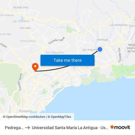 Pedregal-I to Universidad Santa María La Antigua - Usma map