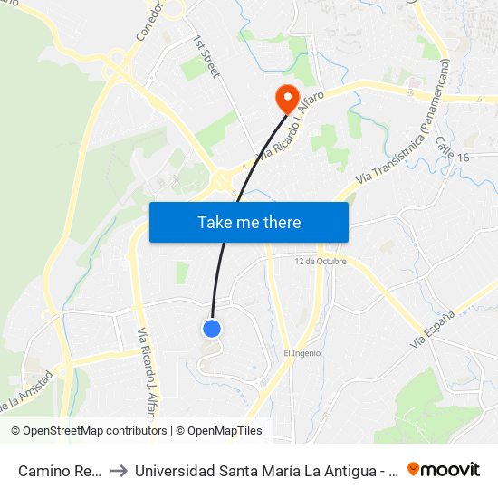 Camino Real-I to Universidad Santa María La Antigua - Usma map