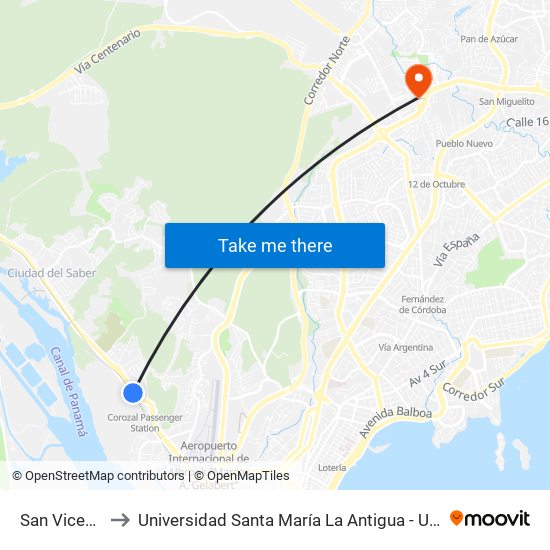 San Vicente to Universidad Santa María La Antigua - Usma map