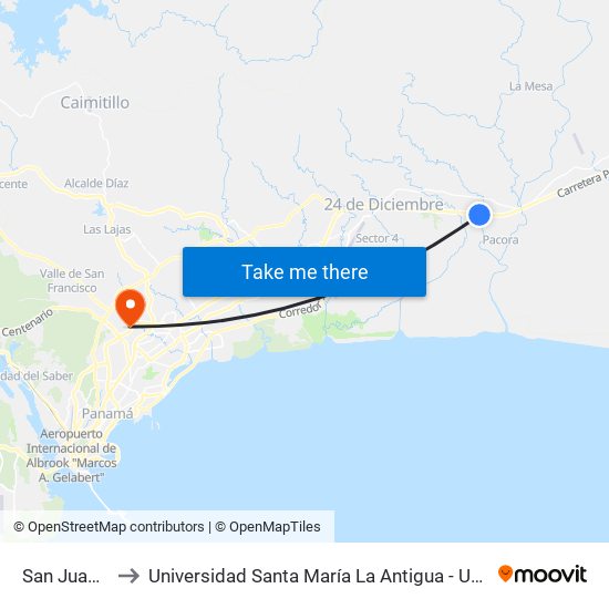 San Juan-R to Universidad Santa María La Antigua - Usma map