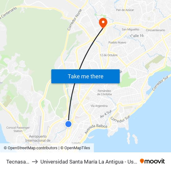 Tecnasa-R to Universidad Santa María La Antigua - Usma map