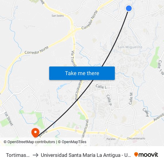 Tortimasa-I to Universidad Santa María La Antigua - Usma map