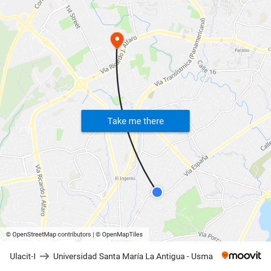 Ulacit-I to Universidad Santa María La Antigua - Usma map