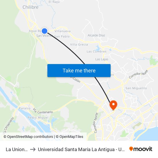 La Union-R to Universidad Santa María La Antigua - Usma map