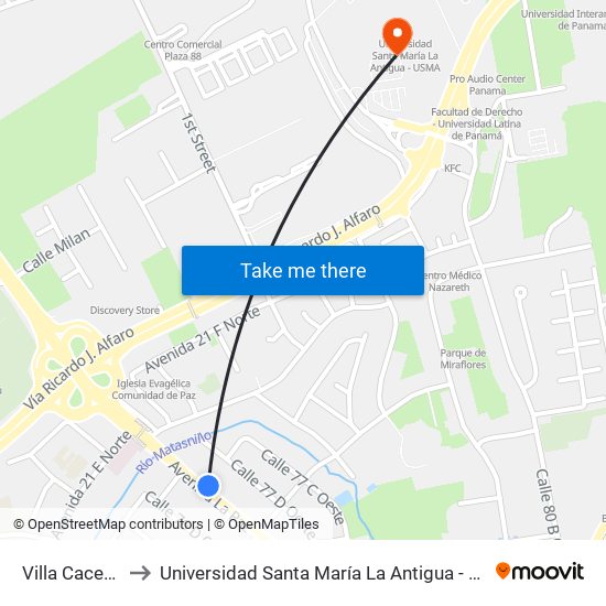 Villa Caceres to Universidad Santa María La Antigua - Usma map