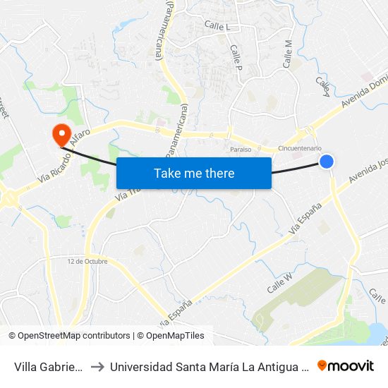 Villa Gabriela-R to Universidad Santa María La Antigua - Usma map