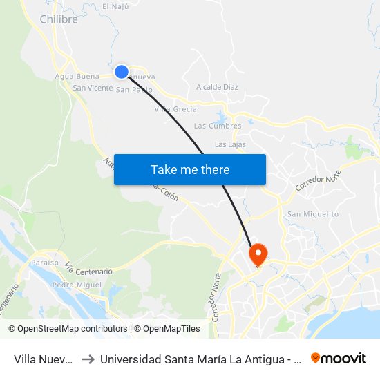 Villa Nueva-R to Universidad Santa María La Antigua - Usma map