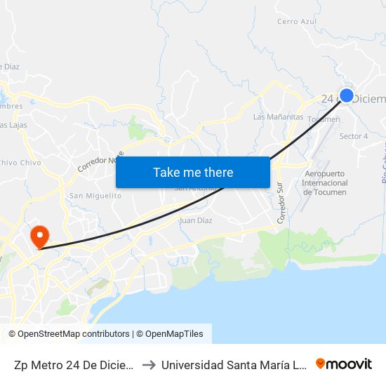 Zp Metro 24 De Diciembre - Bahía 3 to Universidad Santa María La Antigua - Usma map