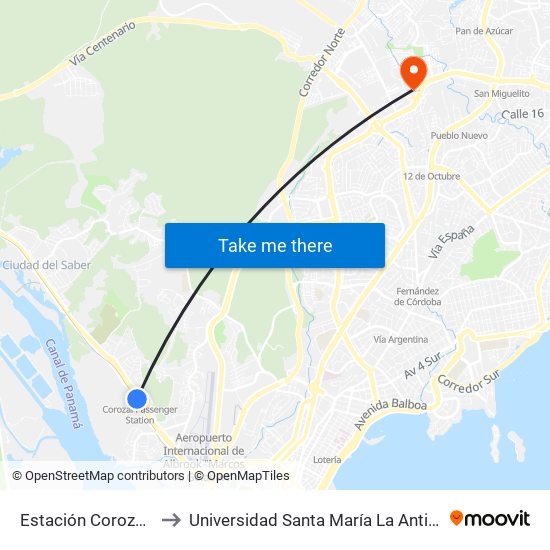 Estación Corozal West to Universidad Santa María La Antigua - Usma map
