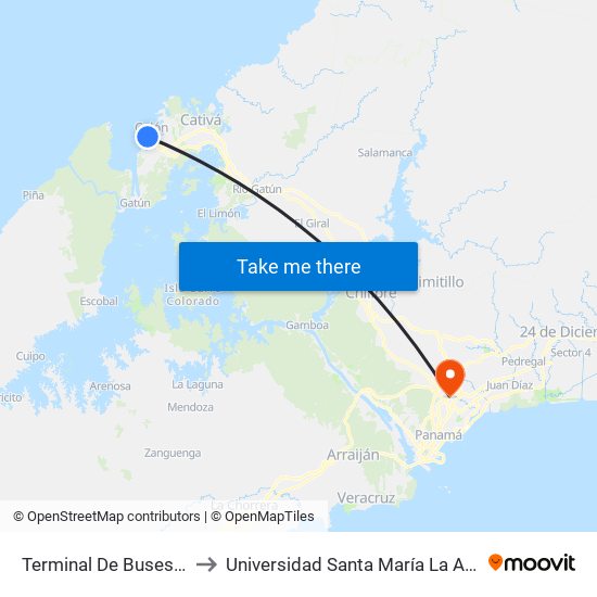 Terminal De Buses De Colón to Universidad Santa María La Antigua - Usma map