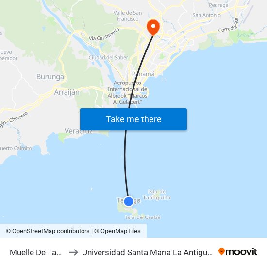 Muelle De Taboga to Universidad Santa María La Antigua - Usma map