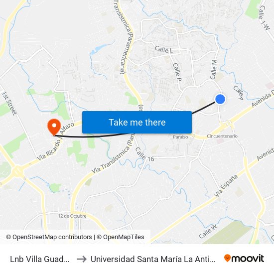 Lnb Villa Guadalupe-I to Universidad Santa María La Antigua - Usma map