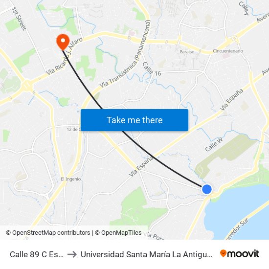 Calle 89 C Este-R to Universidad Santa María La Antigua - Usma map