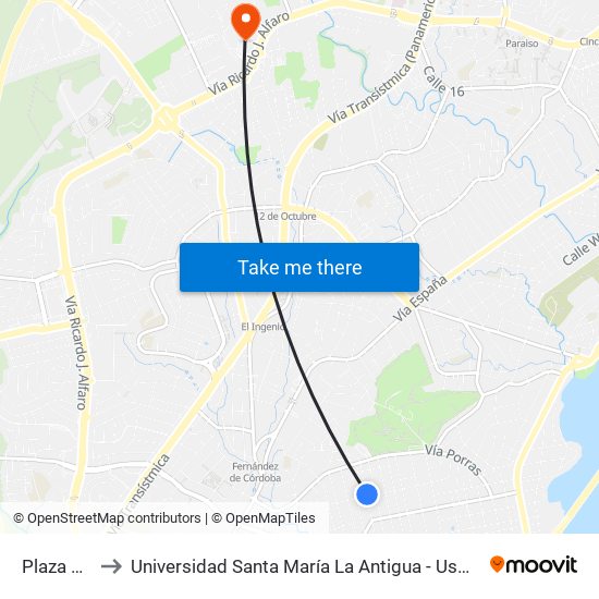 Plaza 68 to Universidad Santa María La Antigua - Usma map