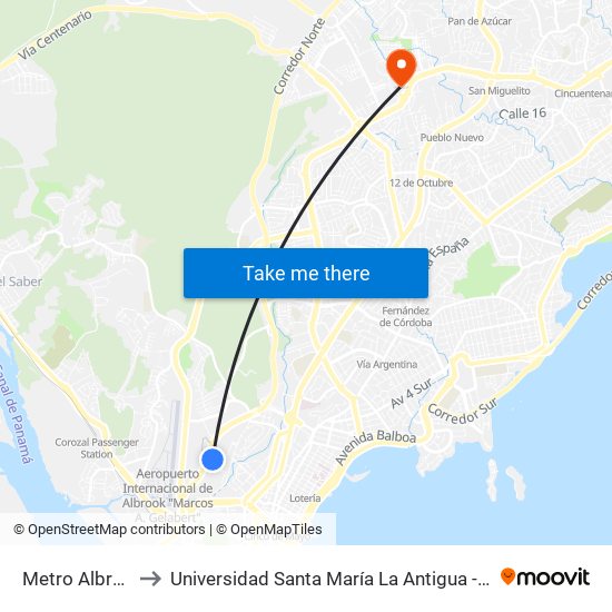 Metro Albrook to Universidad Santa María La Antigua - Usma map