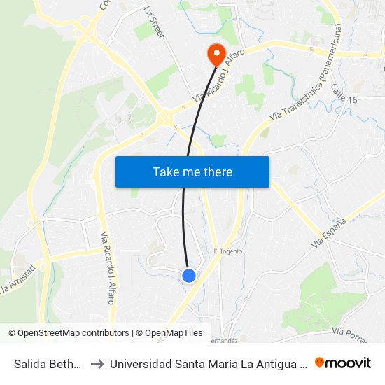 Salida Bethania to Universidad Santa María La Antigua - Usma map