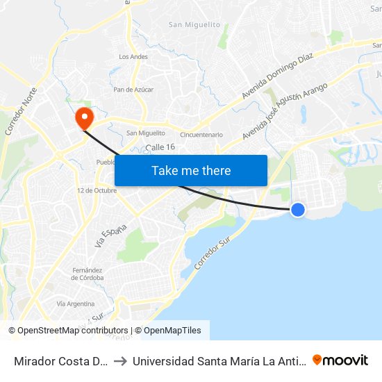 Mirador Costa Del Este to Universidad Santa María La Antigua - Usma map