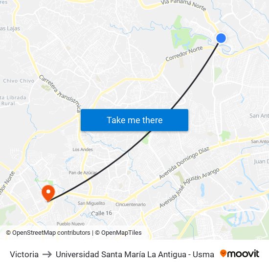 Victoria to Universidad Santa María La Antigua - Usma map