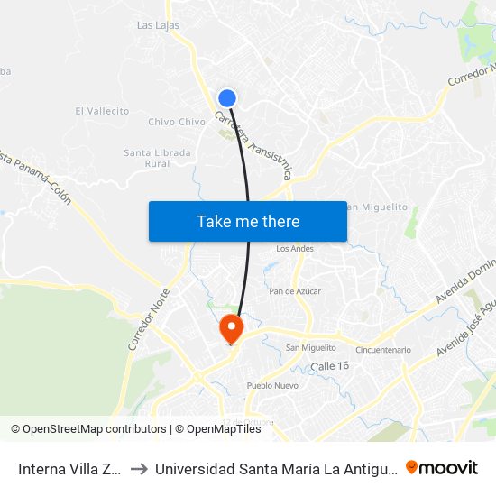 Interna Villa Zaita-I to Universidad Santa María La Antigua - Usma map