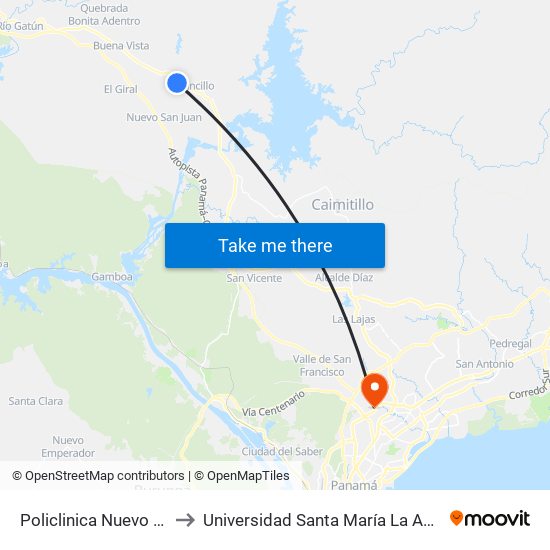 Policlinica Nuevo San Juan to Universidad Santa María La Antigua - Usma map