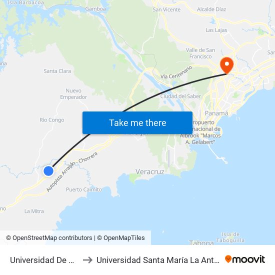 Universidad De Panamá to Universidad Santa María La Antigua - Usma map