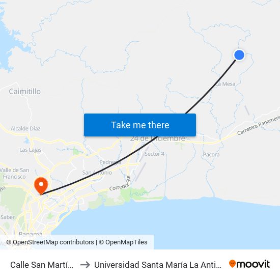 Calle San Martín, 1-58 to Universidad Santa María La Antigua - Usma map