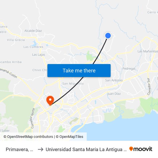 Primavera, 15-1 to Universidad Santa María La Antigua - Usma map