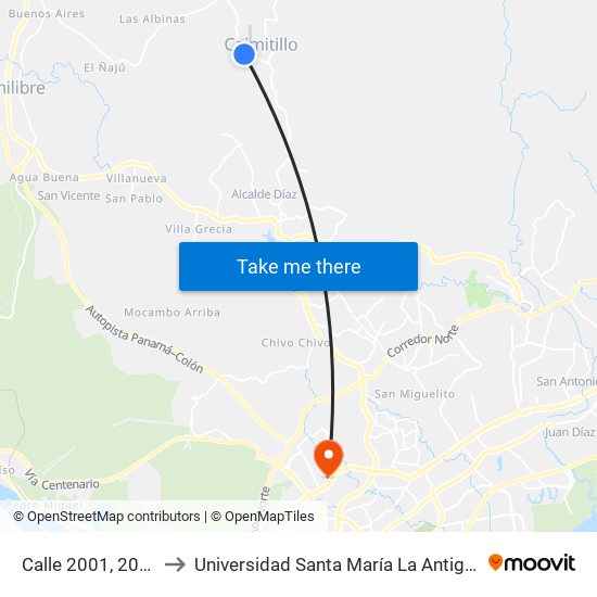 Calle 2001, 2001-03 to Universidad Santa María La Antigua - Usma map