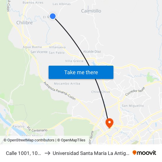 Calle 1001, 1001-21 to Universidad Santa María La Antigua - Usma map