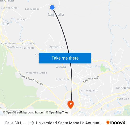 Calle 801, 801 to Universidad Santa María La Antigua - Usma map