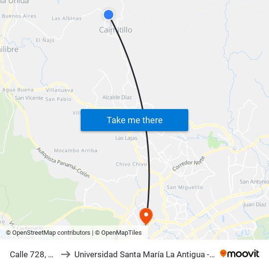 Calle 728, 728 to Universidad Santa María La Antigua - Usma map