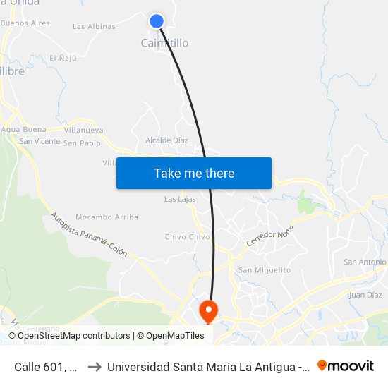 Calle 601, 601 to Universidad Santa María La Antigua - Usma map