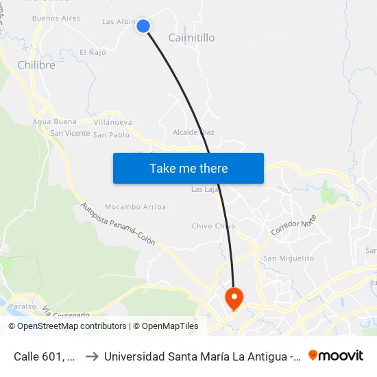 Calle 601, 601 to Universidad Santa María La Antigua - Usma map
