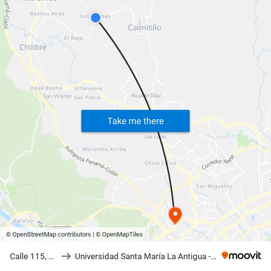 Calle 115, 115 to Universidad Santa María La Antigua - Usma map
