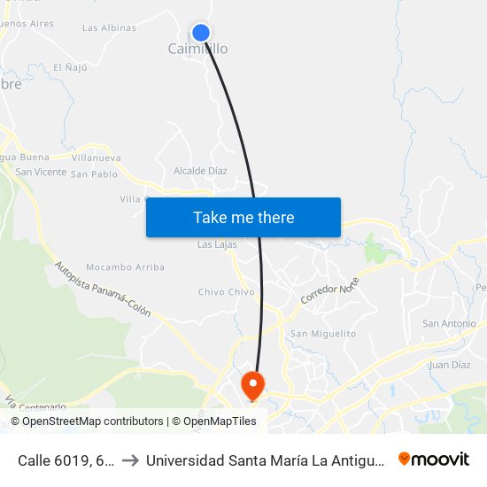 Calle 6019, 6019 to Universidad Santa María La Antigua - Usma map