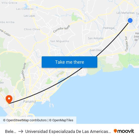 Belen-I to Universidad Especializada De Las Americas (Udelas) map