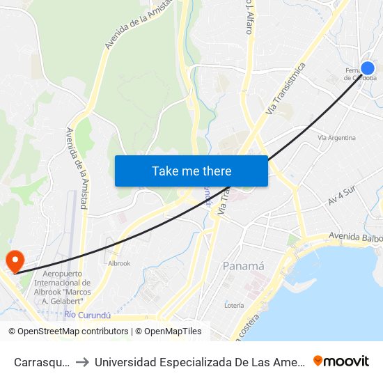 Carrasquilla-R to Universidad Especializada De Las Americas (Udelas) map