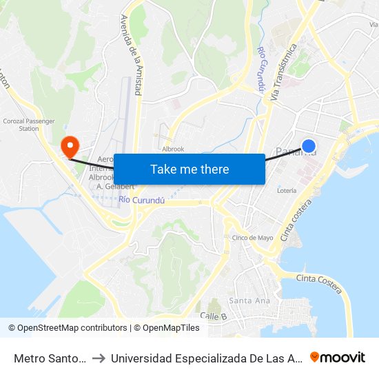 Metro Santo Tomás to Universidad Especializada De Las Americas (Udelas) map