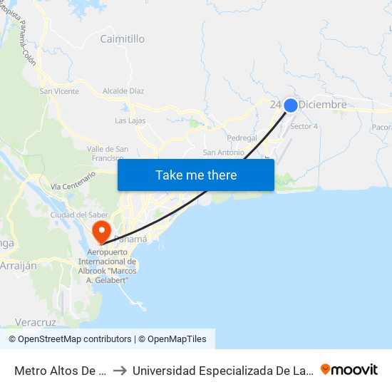 Metro Altos De Tocumen-R to Universidad Especializada De Las Americas (Udelas) map