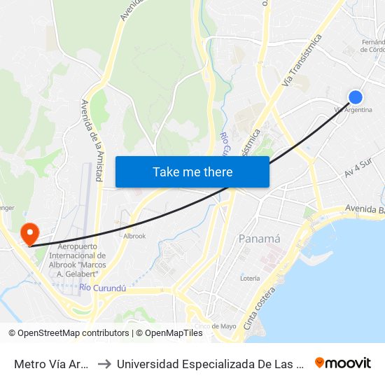 Metro Vía Argentina-I to Universidad Especializada De Las Americas (Udelas) map