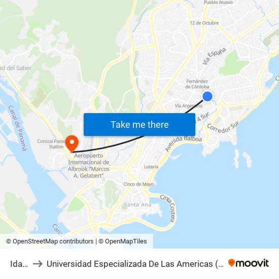 Idaan to Universidad Especializada De Las Americas (Udelas) map