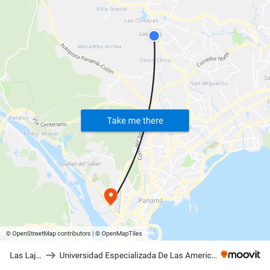 Las Lajas-I to Universidad Especializada De Las Americas (Udelas) map