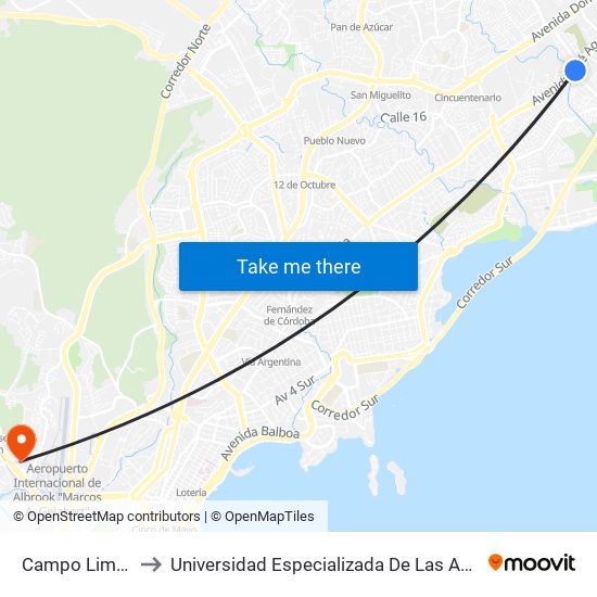 Campo Limbergh-I to Universidad Especializada De Las Americas (Udelas) map