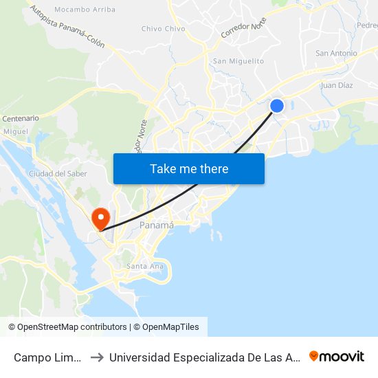 Campo Limbergh-R to Universidad Especializada De Las Americas (Udelas) map