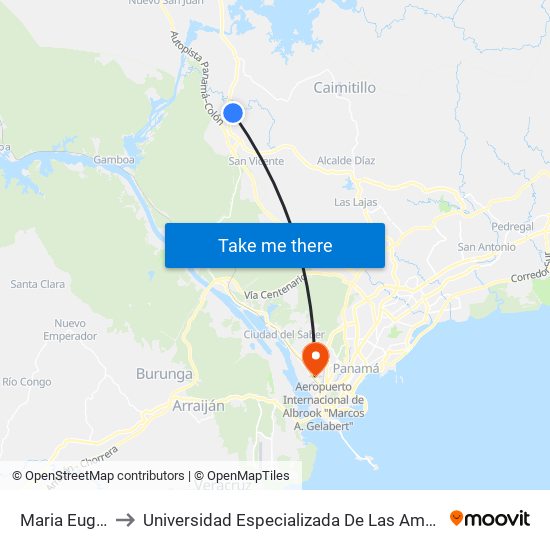 Maria Eugenia-I to Universidad Especializada De Las Americas (Udelas) map