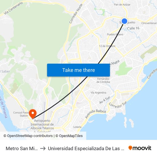 Metro San Miguelito-I to Universidad Especializada De Las Americas (Udelas) map
