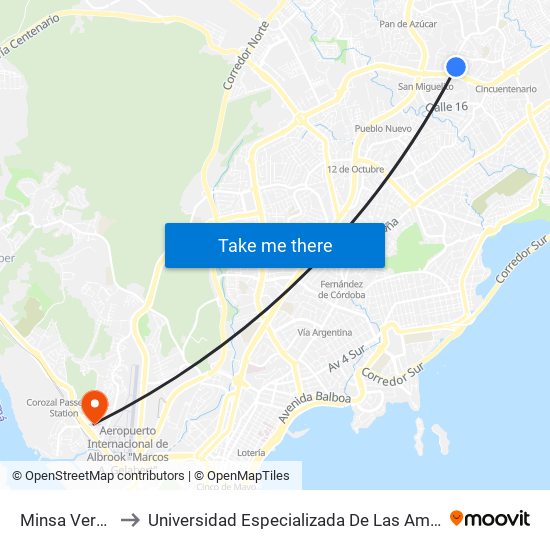 Minsa Veranillo-I to Universidad Especializada De Las Americas (Udelas) map