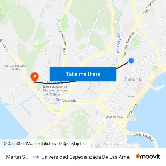 Martin Sosa-R to Universidad Especializada De Las Americas (Udelas) map